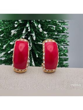 Gold-Tone Red Enamel Rectangle Earrings Rhinestone Accents Clip-On/Pierced